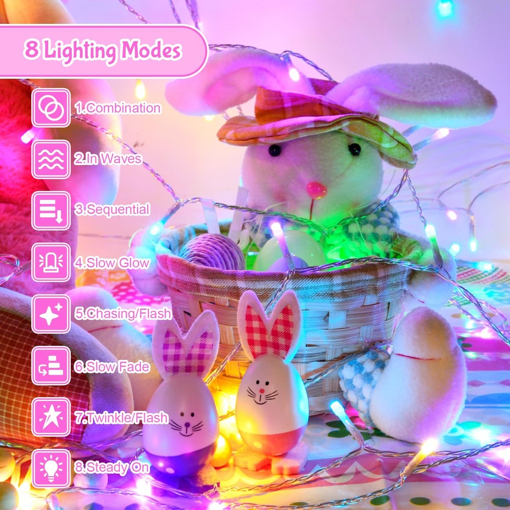 Easter String Lights, Pastel Easter Lights Plug in with Timer 8 Lighting Mode...