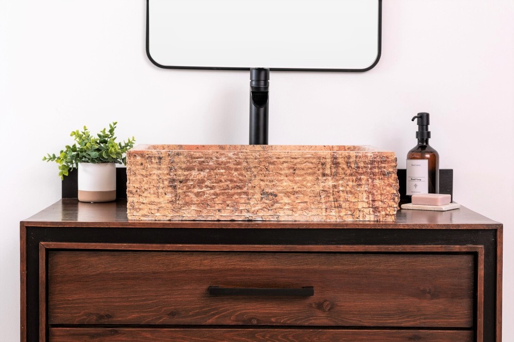 Natural Stone Vessel Bathroom Sink - Rustic Rectangular Peach Travertine