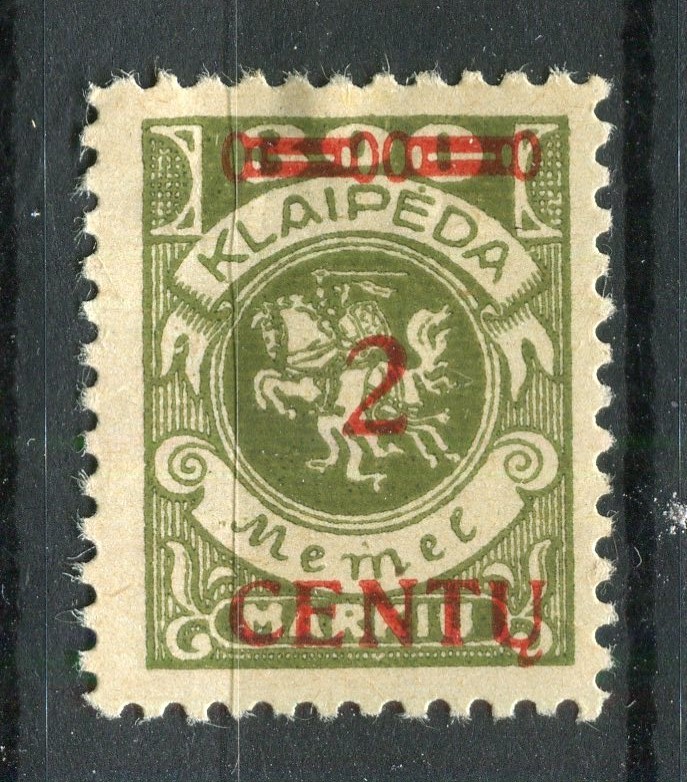 LITHUANIA MEMEL; 1923 early CENTU Surcharged issue Mint hinged 2c. value