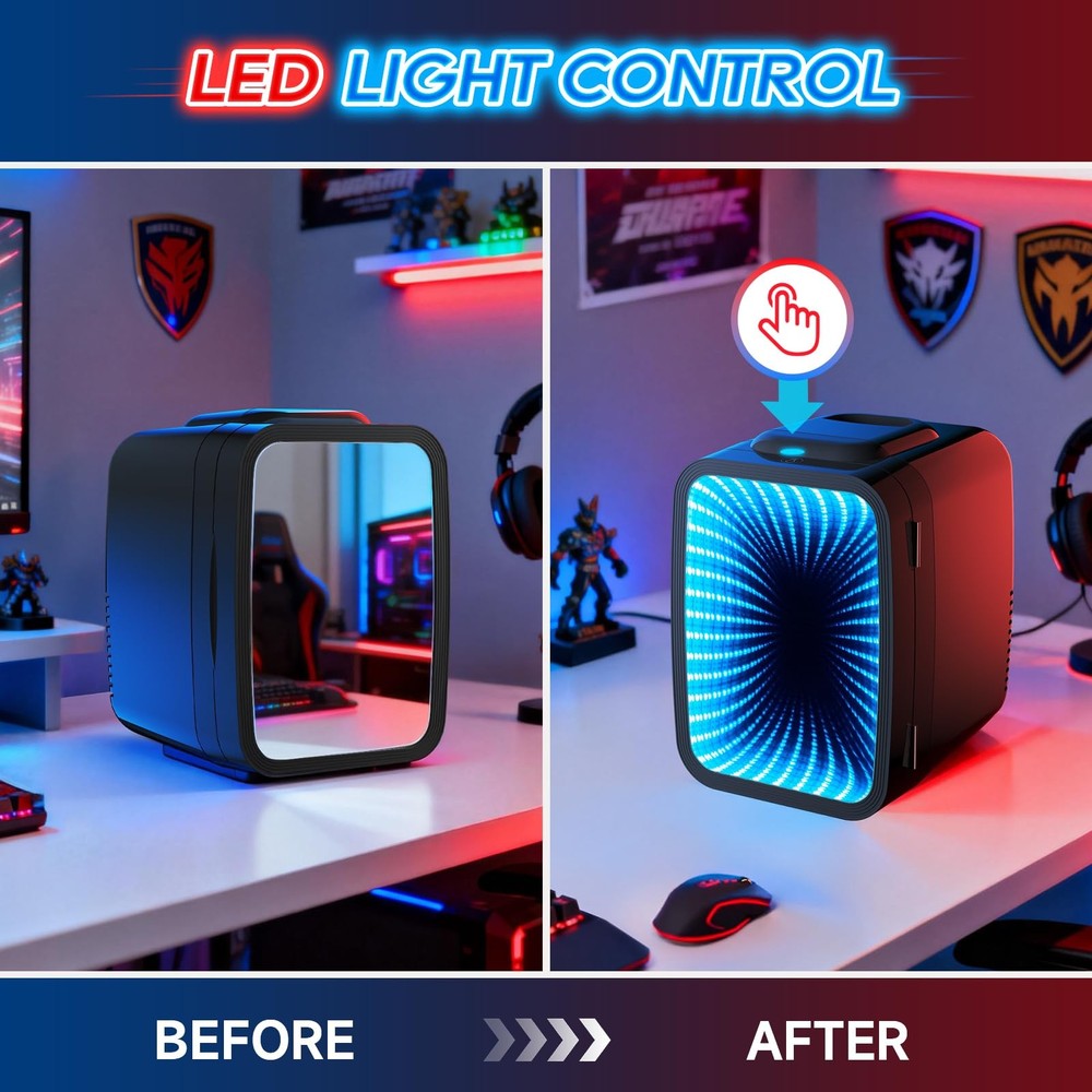 BEICHEN Mini Fridge, 4L/6 Can Small fridge with Dimmable Gaming Light Black