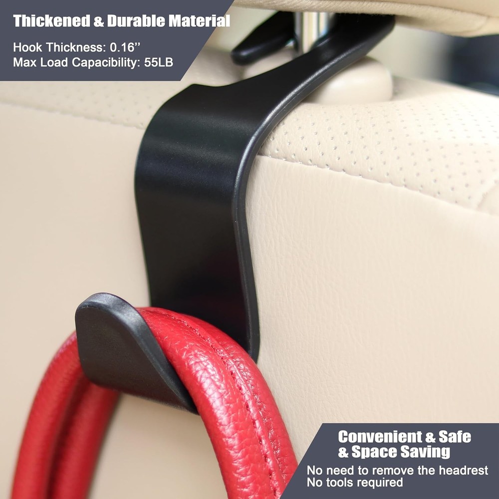 Durable ABS Car Headrest Hooks 4 Pack - Space-Saving Hanger for SUVs & Trucks