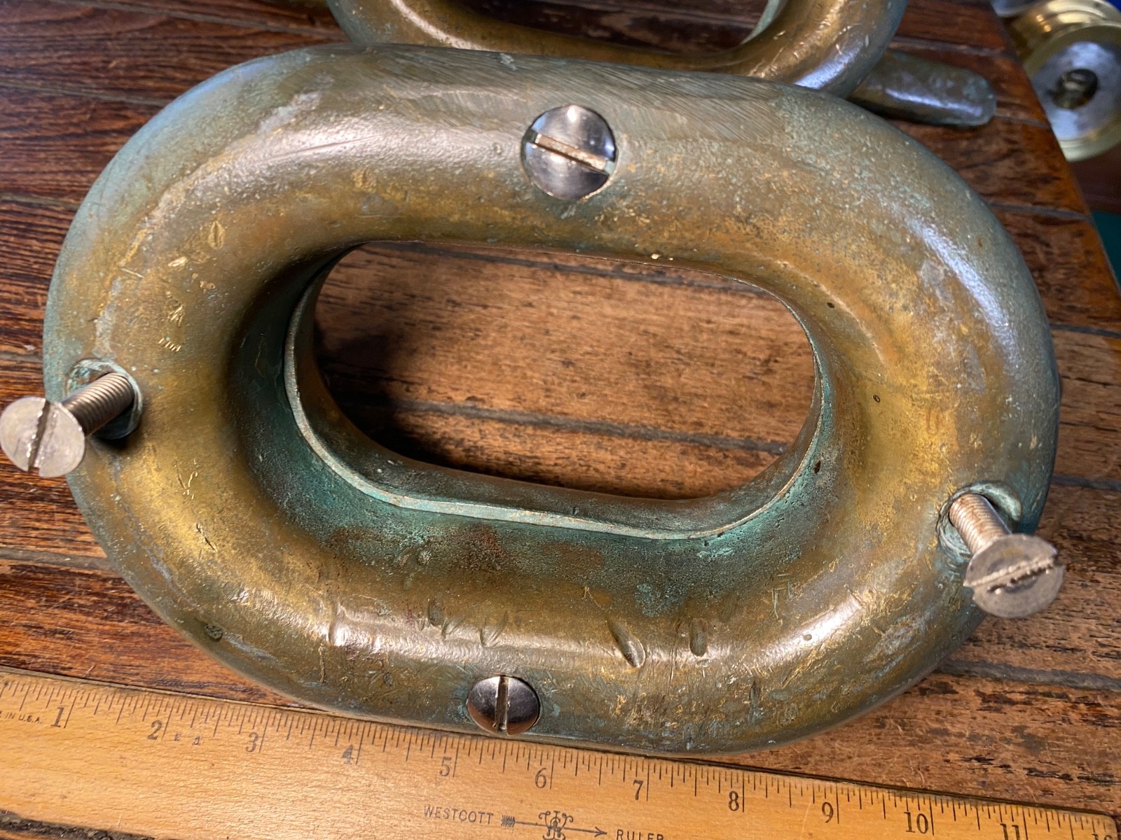 PAIR OF LARGE VINTAGE CAST BRONZE COMBINATION CLEAT/HAWSE HOLES 13" NICE PATINA!