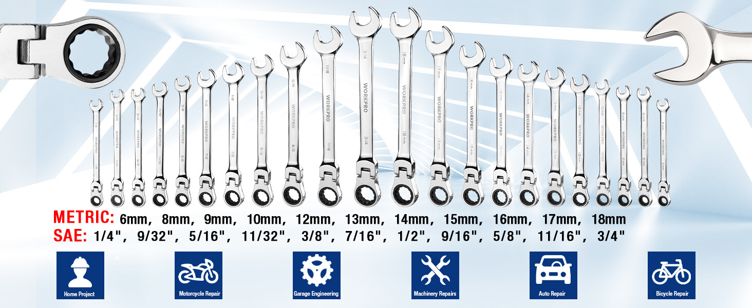 22-Pieces Ratcheting Flex-Head Combination Wrench Set Metric 6-18mm&SAE 1/4-3/4"