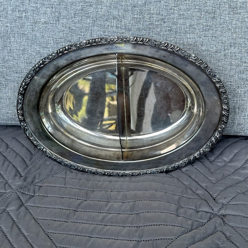 Vintage Henley Oneida Silverplate Divided Serving Dish Acorn Trim Oval Heavy