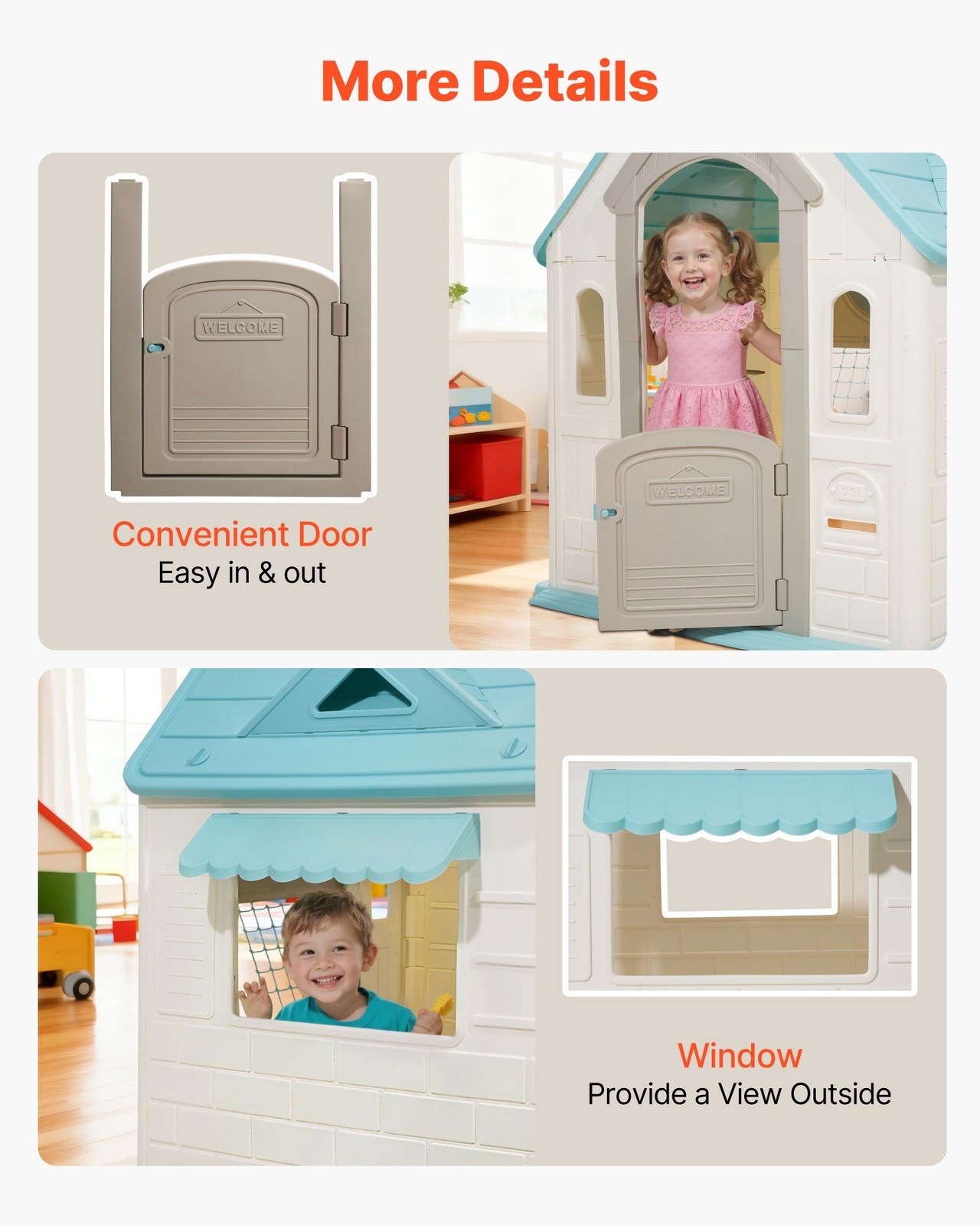 Outdoor Playhouse, 5-In-1 Cottage Play House with Pretend Play, Basketball