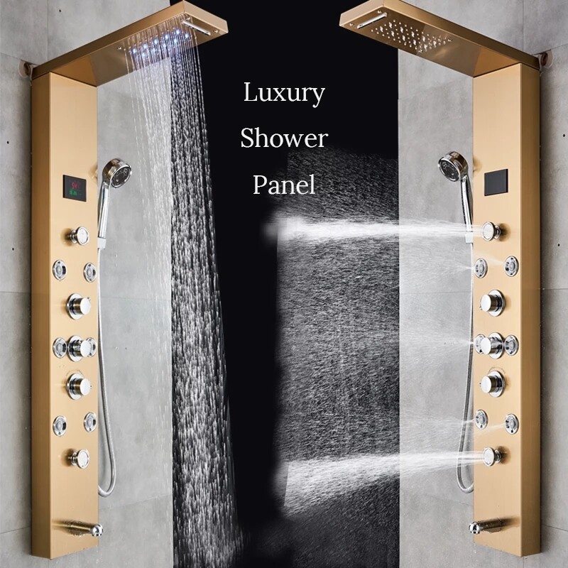 Brushed Gold Shower Panel Tower System Shower Tower Set with LED Rainfall Head
