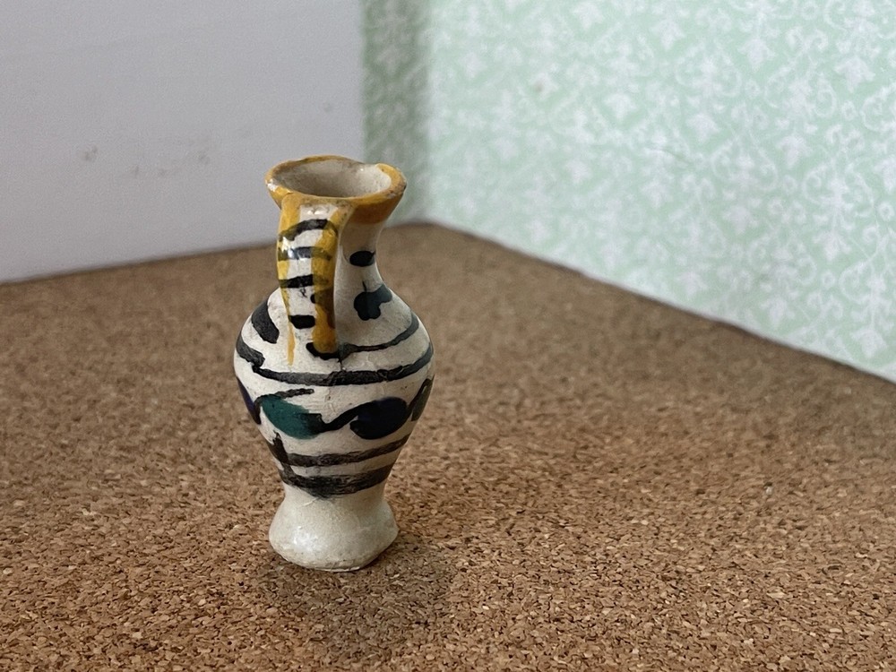 Miniature Ceramic Pitcher yellow trim with black stripes
