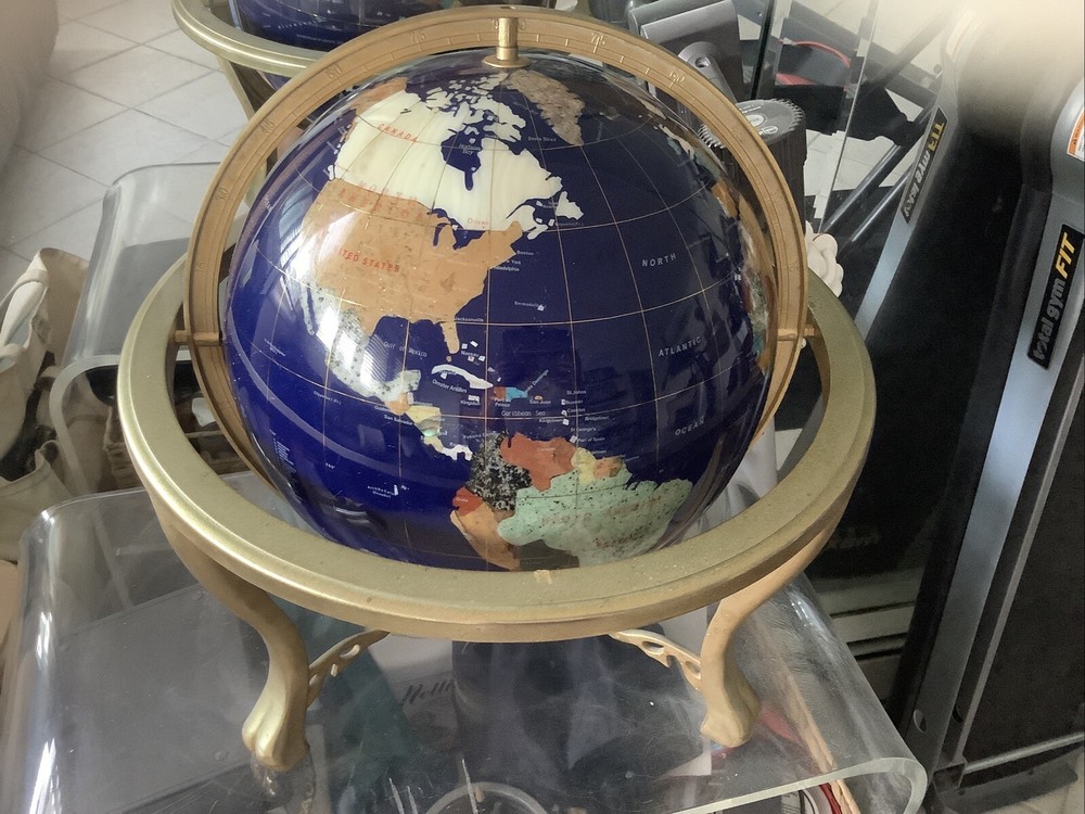 13" Semi-precious Stone Globe w/ Brass Stand & Compass