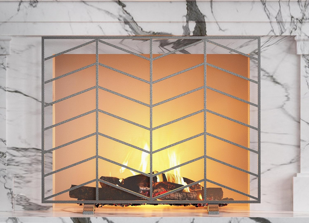 Single Panel Handcrafted Wrought Iron Mesh Chevron Fireplace Screen, Fire Spark