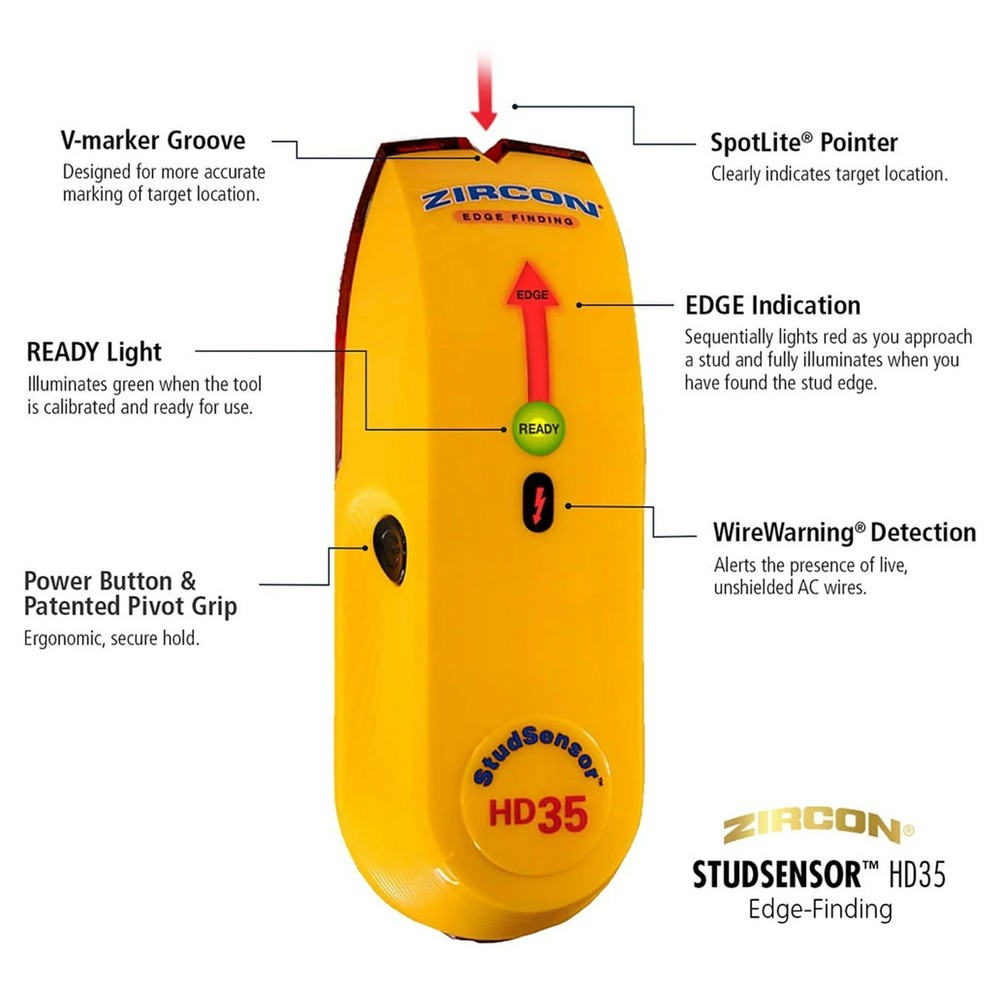 Zircon StudSensor HD35 Stud Finder Edge & Wire Warning Detection NEW