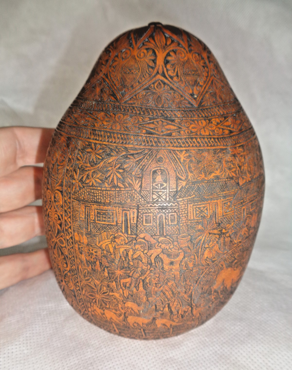 ANTIQUE SOUTH AMERICAN FOLK ART CARVED GOURD BULL FIGHTER, CHURCH, FARMER, LLAMA