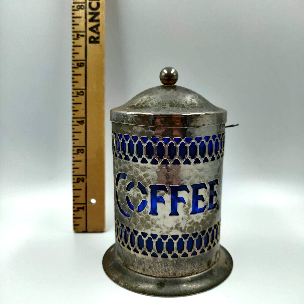 Vintage English Hammer Plated Coffee Canister with Blue Plastic Insert Kitchen