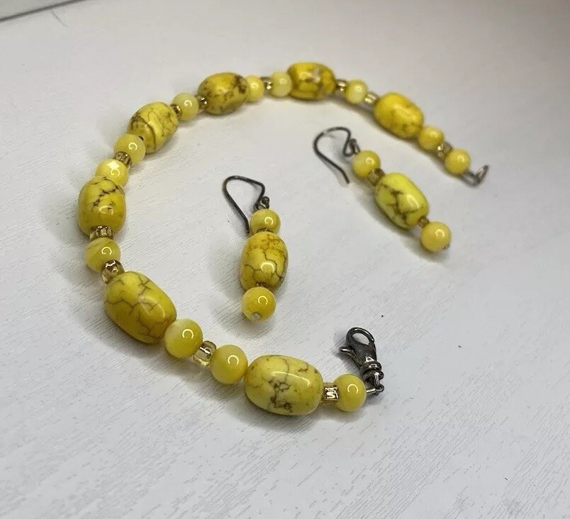 Yellow Stone Howlite Magnesite Calcite Beaded Necklace, Bracelet & Earrings Set