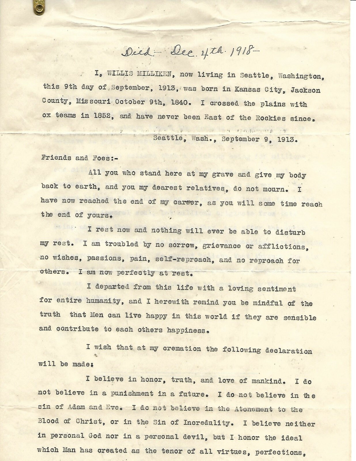 c1913 TWO TYPEWRITTEN MANUSCRIPTS EDISON WASHINGTON PIONEER MILLIKEN MOE Family