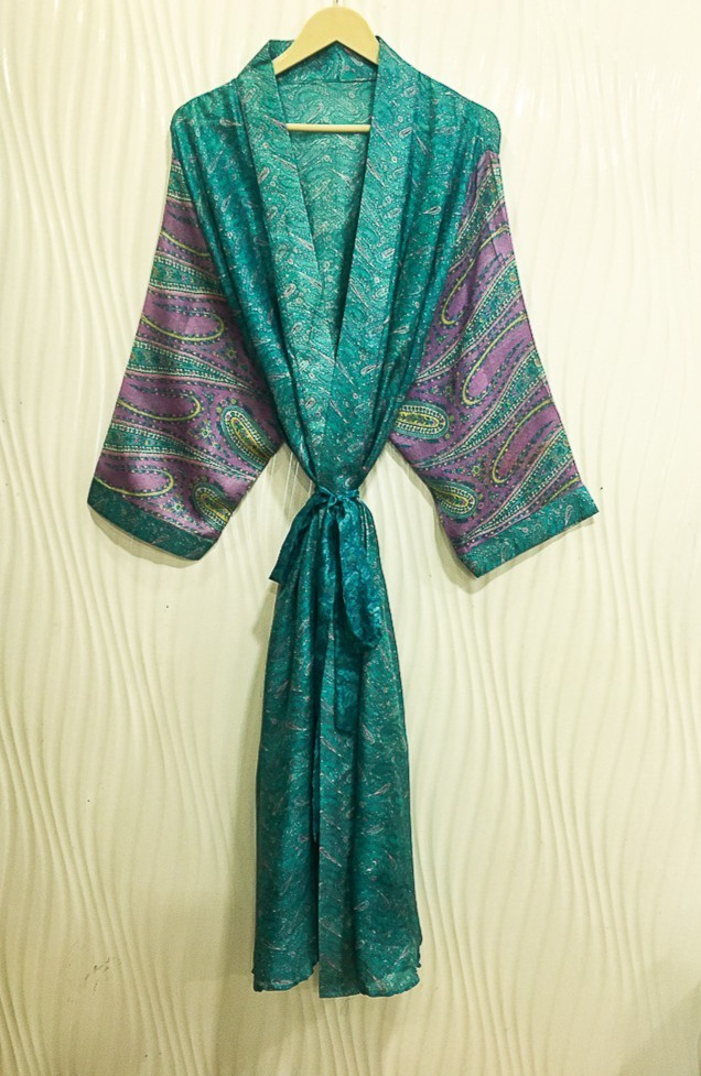 Pure Silk Blue/Green kimono Long Robe Gown Woman Silk Robe Kimono KMO5575