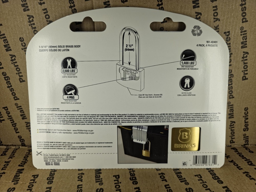 Brinks Solid Brass Padlock, 40mm Body, 2-1/2 inch Shackle, 4 Pack Keyed Alike.