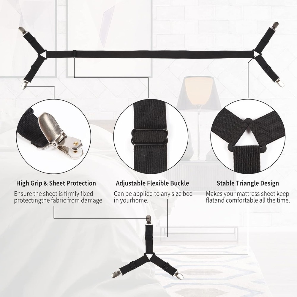 Bed Sheet Straps 4+1pcs Fitted Sheet Clips Holder Triangular Elastic Strap Set