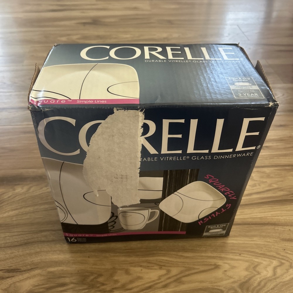 Corelle 16 Piece Durable Vitrelle Glass Dinnerware Square Simple Lines NEW OPEN