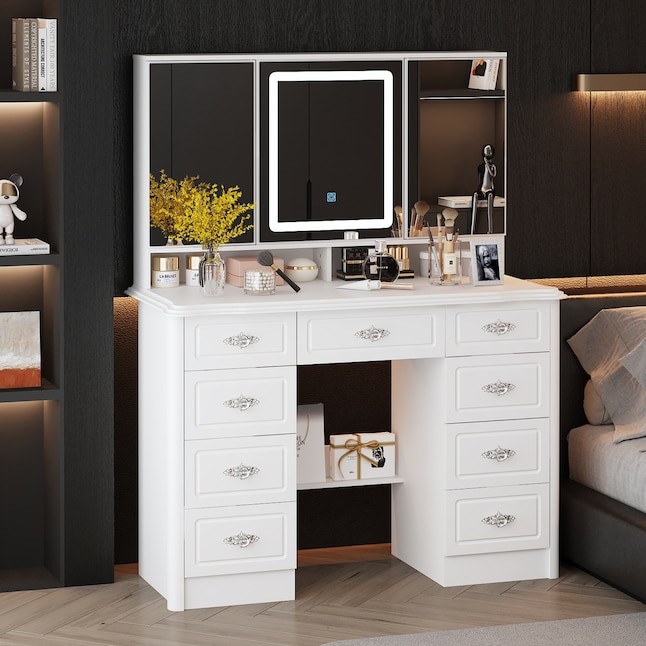 FUFU&GAGA 43.3-in White Makeup Vanity With Led Light