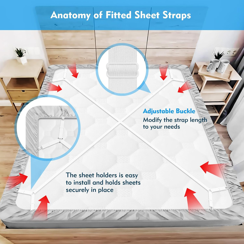 Bed Sheet Straps, 2Pcs Elastic Adjustable Bed Sheet Holder Straps, Fitted Sheet