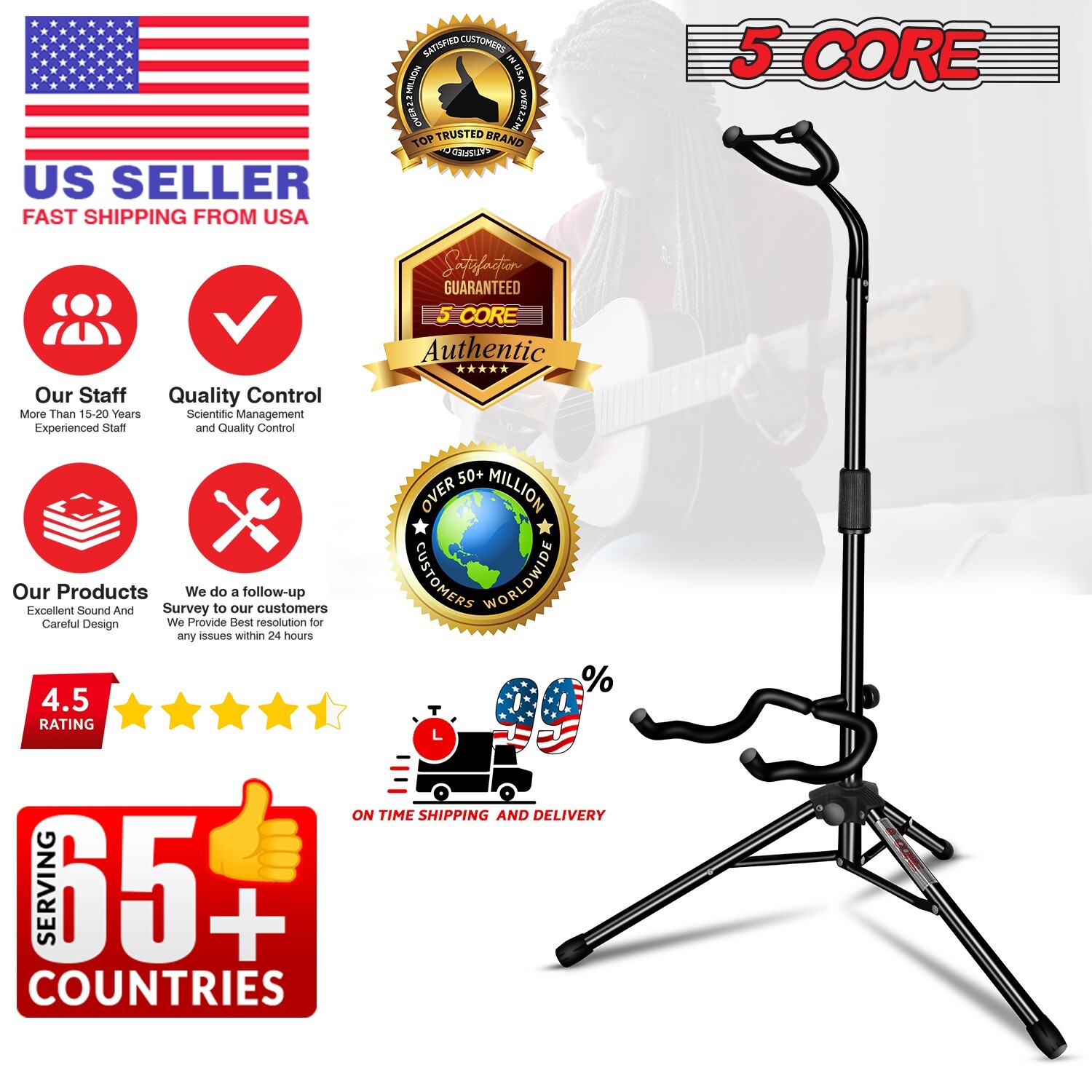 5Core Guitar Stand Floor Heavy Duty Adjustable Acoustic Electric Guitars Holder