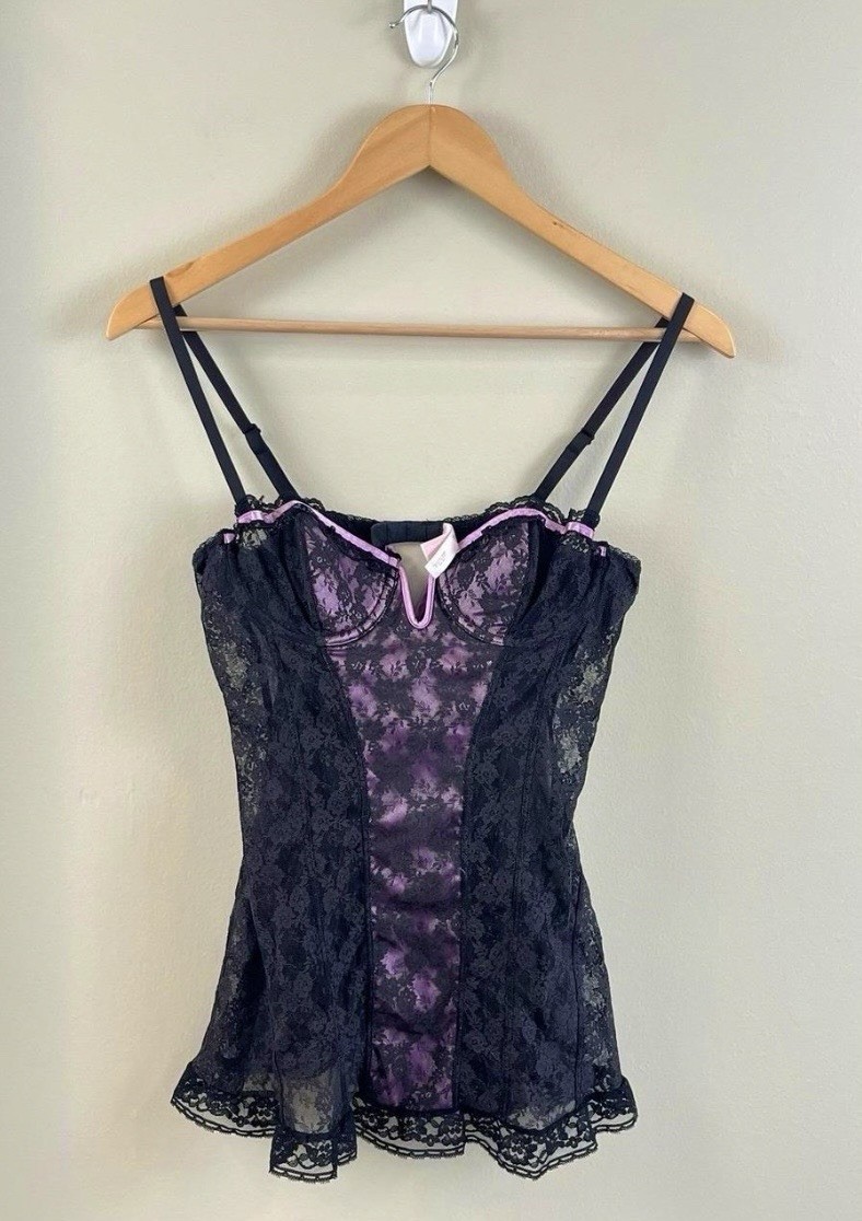 Victoria’s Secret Lace Babydoll Bustier Whimsey Goth Fairy Goth Black Purple 34B