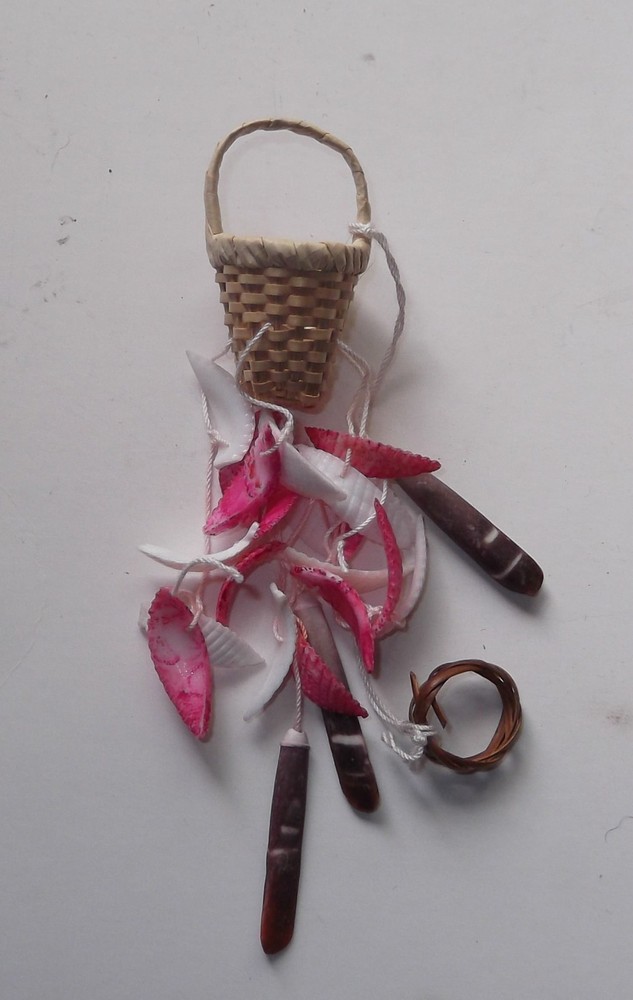 Vintage Sea Shell wind chime with wicker basket small 5" handmade