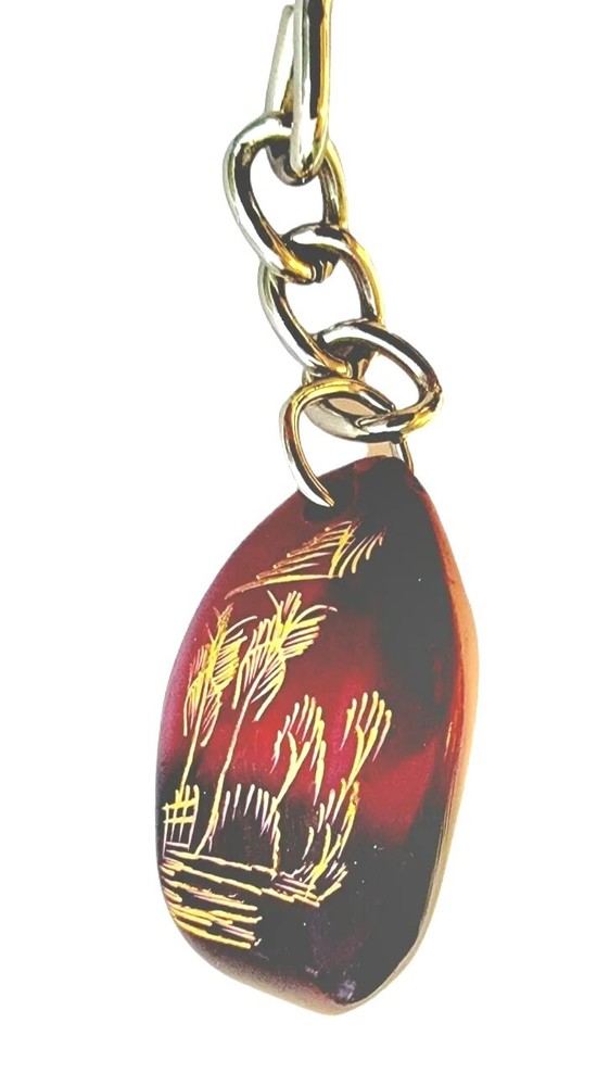 Artisan Bamboo Etching Keychain Multitone Resin Stone Sculpted Etched Keyring