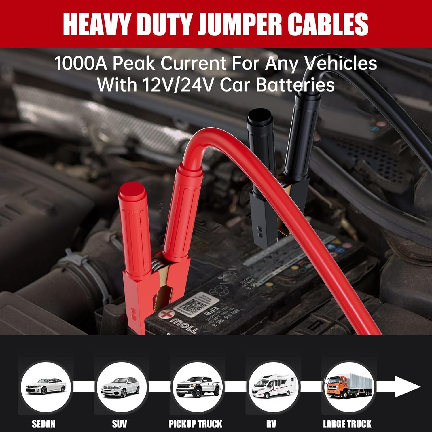 0 Gauge 30Ft Jumper Cables 1000A Heavy Duty Quick Connect Booster for Car Truck
