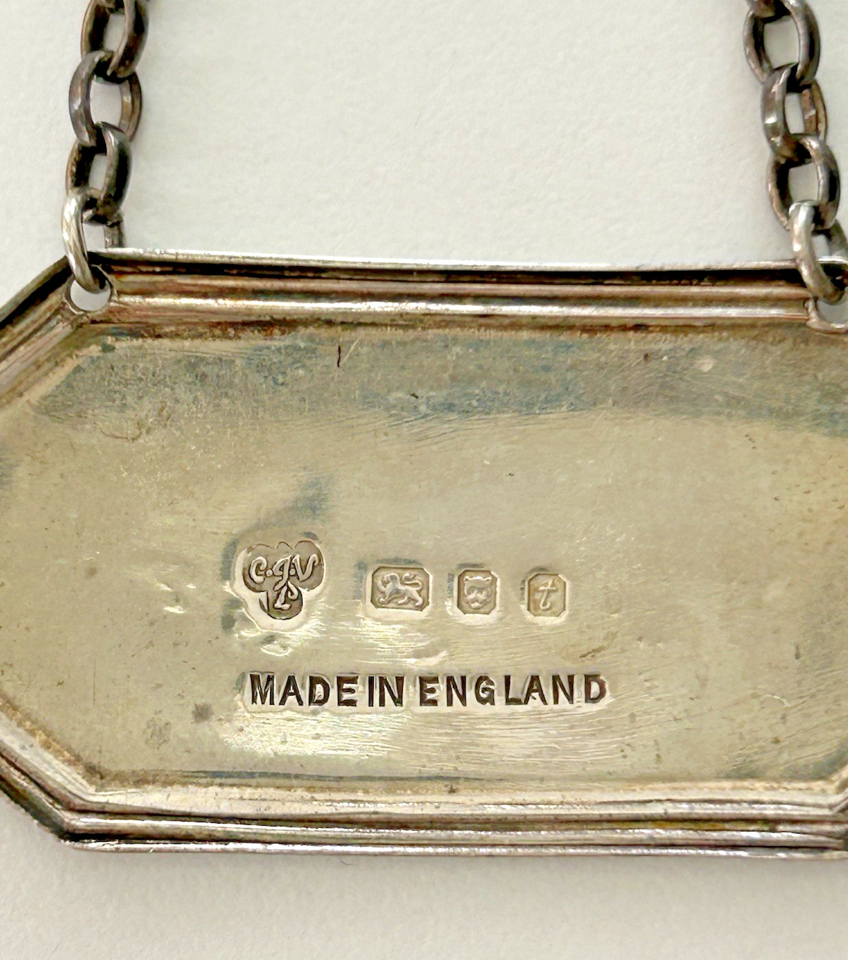 C.J. Vander English Sterling Silver Bourbon Decanter Label Bottle Hanging Tag