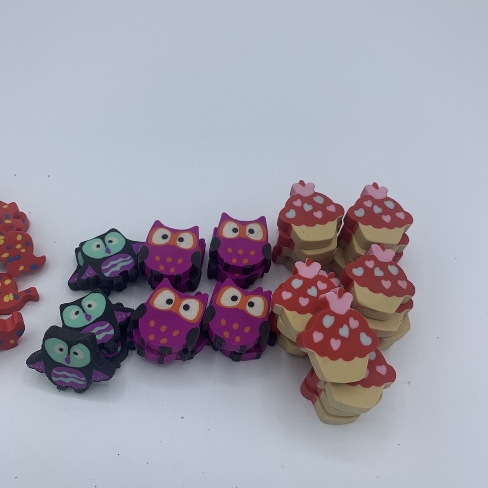 60 Assorted Mini Erasers Owls, Cupcakes & Dinosaurs Teachers Sort & Count