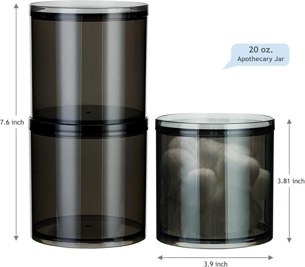 2-Pack Large 20oz Black Stackable Qtip Holder Translucent Apothecary Jars