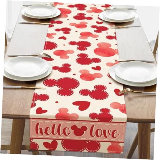 Valentines Table Runner, Hello Love Red Hearts Kitchen Dining Table