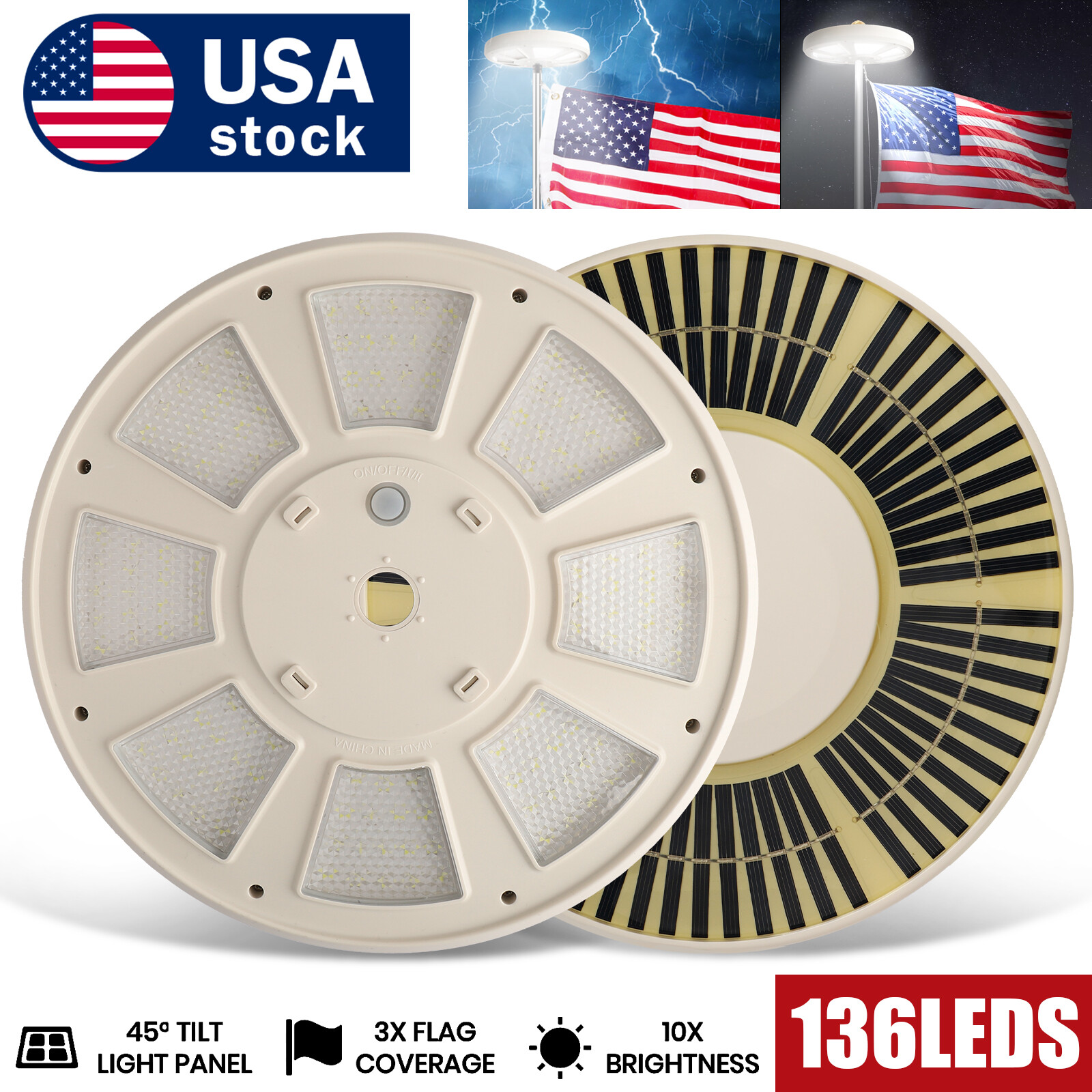 136LED Solar Powered Flag Pole Light Auto Active Super Bright Outdoor Waterproof