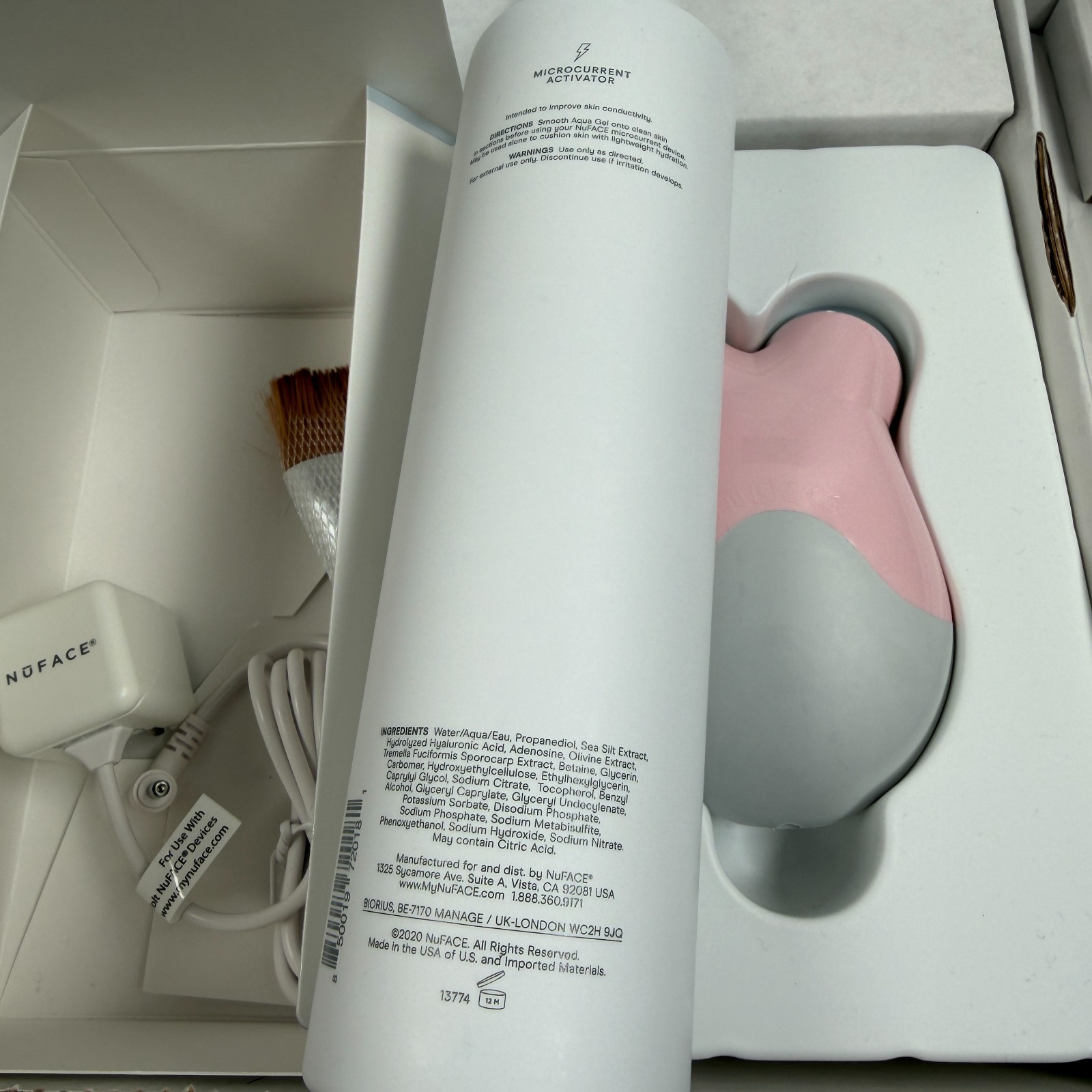 Nuface Petite Mini Facial Toning Device Pink + 10oz Aqua Gel +Brush NEW OPEN BOX