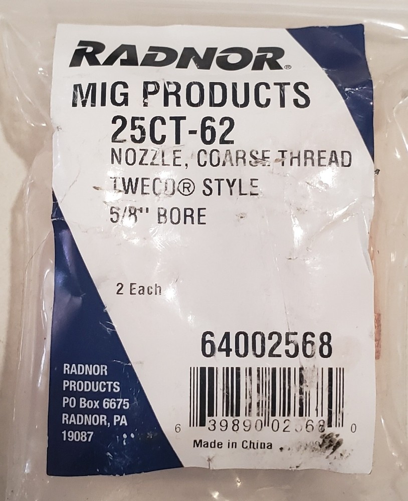 2 Pack Radnor 25CT-62 Nozzle Course Thread Tweco Style 5/8" Bore