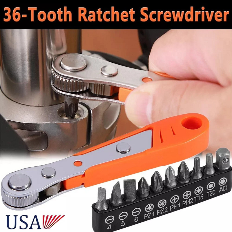 Ratcheting Right Angle Screwdriver Hex Drive 90 Degree Offset + 10pc Bits Set US