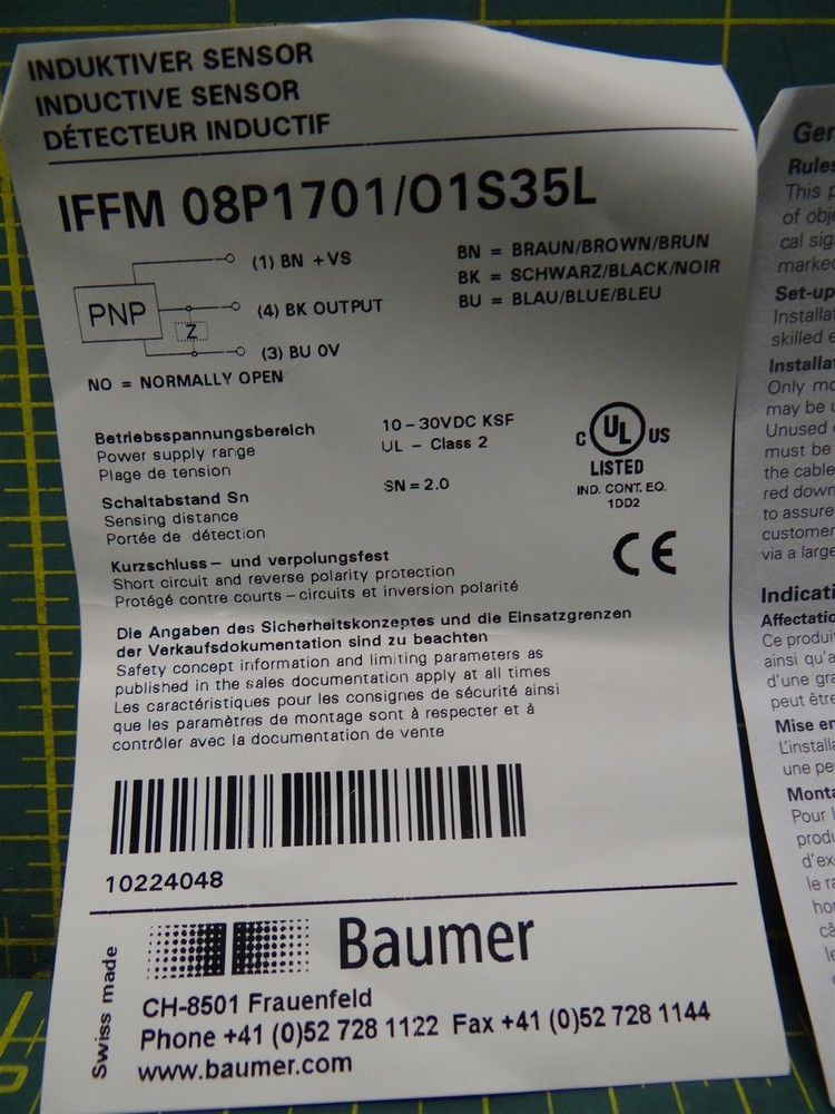 Baumer IFFM 08P1701/O1S35L Inductive Proximity Switch M8 Connector Rectangular