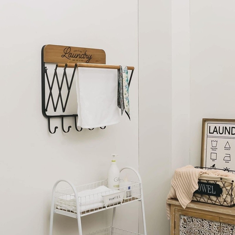 Wall Mount Foldable Clothes Drying Rack W/ Hooks Adjustable Rods Space Saver New