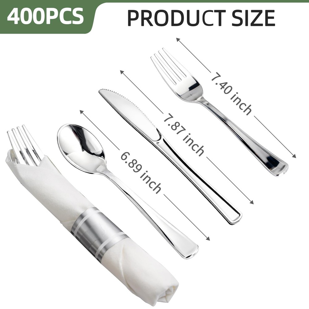 400PCS Pre Rolled Silver Plastic Silverware Sets, 100 Pack Wrapped Utensils
