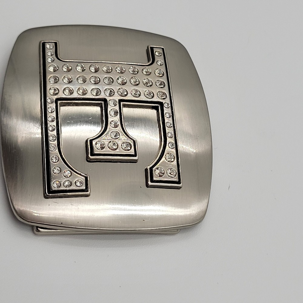 Initial E Monogram Square Belt Buckle Brushed Chrome With Rhinestones