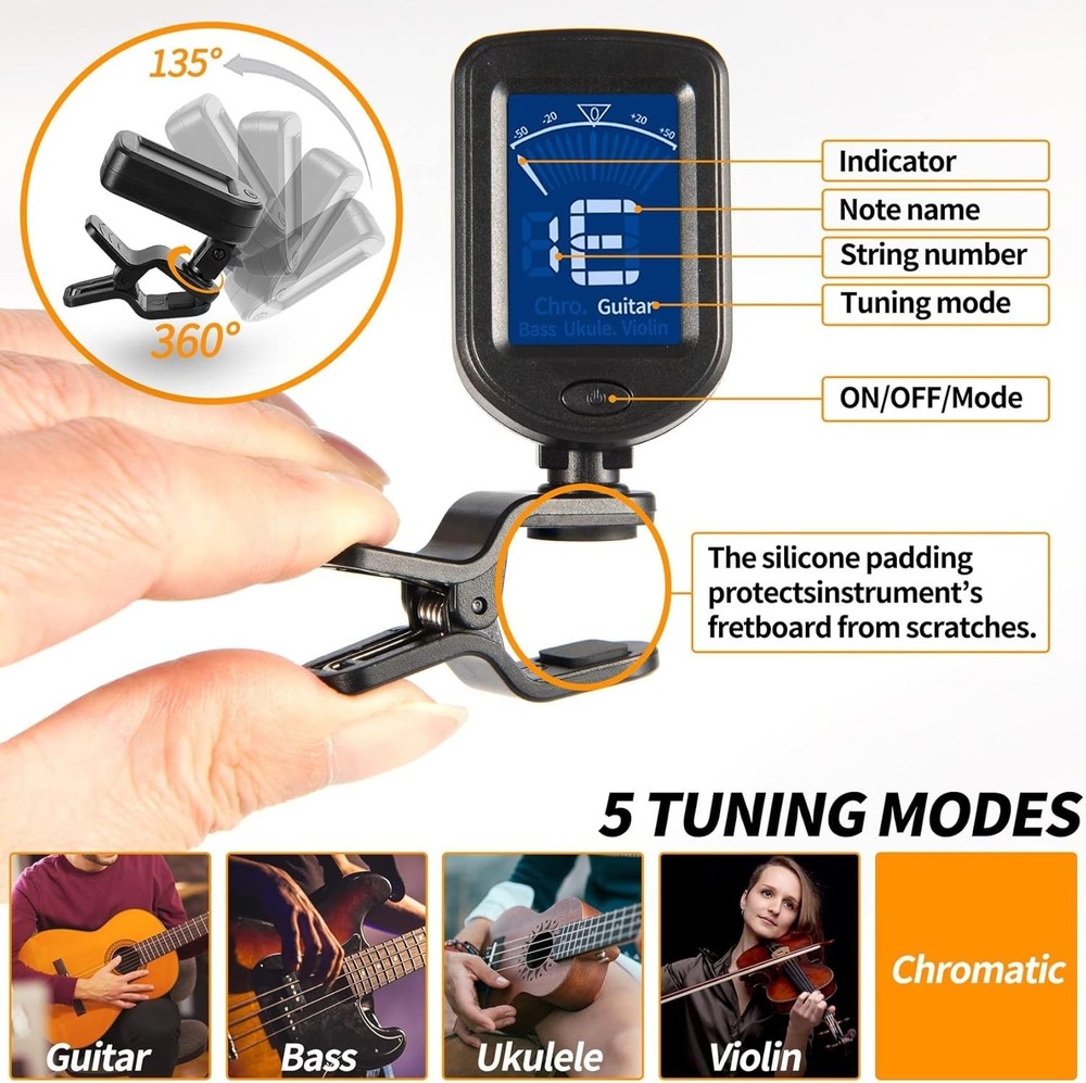 Multi-Instrument Clip-On Tuner with 360° Rotatable Screen - Durable Black