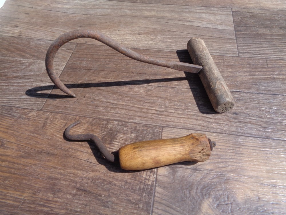 2 - Vintage Wood Handle Hay Hook Tools Rustic Primitive Display Tools