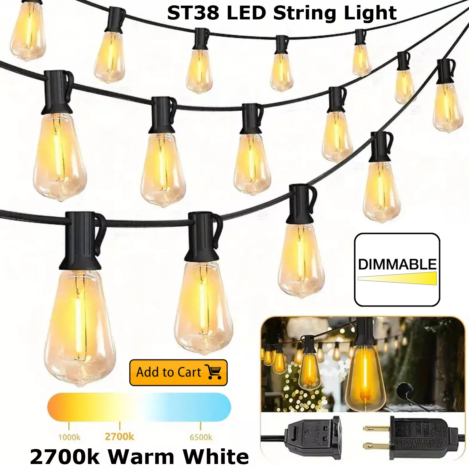 50FT - 800FT LED Outdoor String Lights Wether Resistant ST38 LED Patio Lights