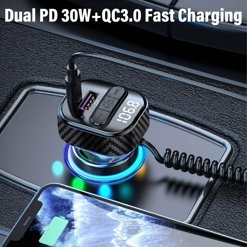 Bluetooth 5.3 FM Transmitter for Car, Car Adapter with Cable-Black