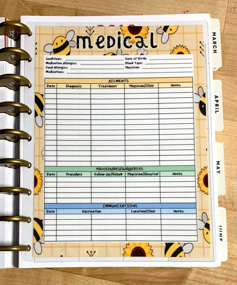 Medical History Tracker Two Sided Dashboard Insert for use with Happy Planner