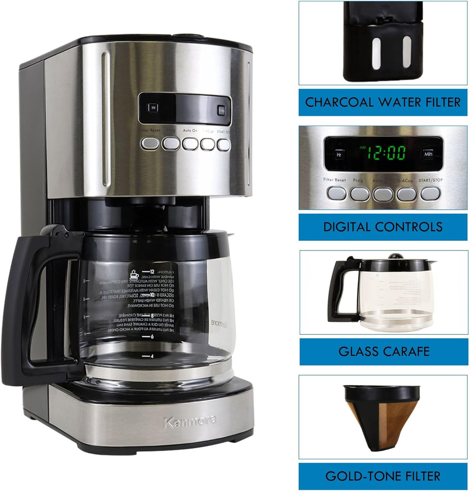Kenmore Drip Coffee Maker - 12 Cup Programmable Cafe Machine with Glass Pot, Reg