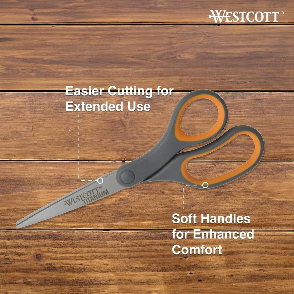 Titanium Bonded Scissors, Soft Handle, 8", Straight, Gray/Yellow, 6-Pack
