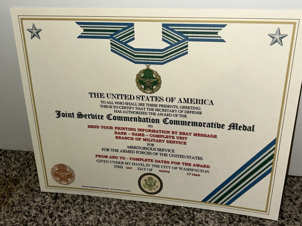 JOINT SERVICE COMMENDATION MEDAL COMMEMORATIVE CERTIFICATE ~TYPE-2 w/PRINTING