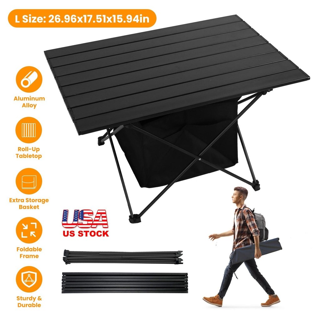 Foldable Camping Table Portable Rustproof Aluminum Alloy Roll-Up Table w/ Basket